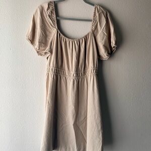 Elegant Beige Puff Sleeve Midi Dress